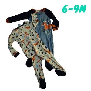 Gerber Infant 6-9M Woodland Animal Zip Up Pjs Fox Tree Stripes Footed 2p Set